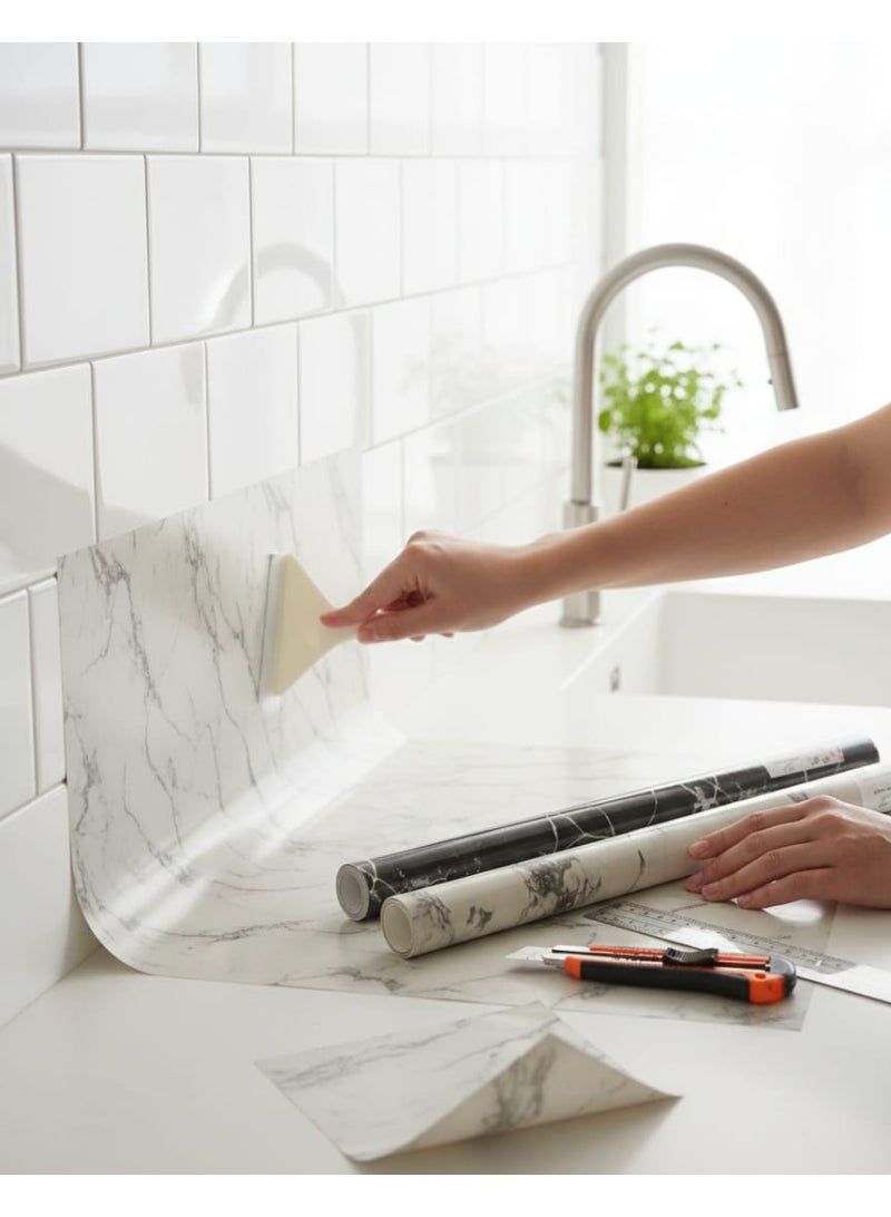 ورق حائط لاصق ذاتي بنقشة رخام 60 سم× 5 متر – أسود + جراي هدية - Image 5